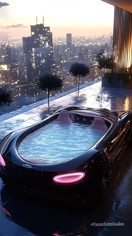 Luxury sports cars, converted into a jacuzzi for a bath enjoying the views of the big city.❤️‍🔥 CREATED by FutureFormStudios. . . . . . . #luxuryfurnituredesign #luxurylifestyle #creative #desing #diseño #futureformstudios #luxury #furnituredesign #jacuzzi #supercars #sportcar #furniture #jacuzzitime 