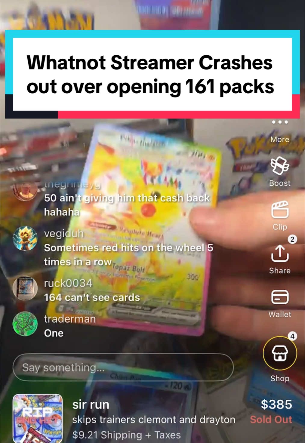 Rip till you hit SIR Whatnot streamer crashing our after opening 161 packs of surging sparks for 1 buyer 🤯 #whatnot #livestreamfail #pokemon #riptillyouhit #pokemoncard 