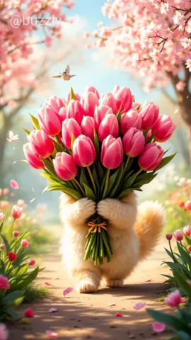 🌸 The tiny fluffy messenger of spring has a special mission - to deliver a huge bouquet of fresh tulips!  Let this little cutie bring warmth, joy and fresh spring vibes right into your heart. 🌞🐾#SpringMagic #FluffyMessenger #TulipSurprise #SpringVibes #CutenessOverload #HappyMarch #WholesomeMoments  #CatsAndFlowers #WholesomeMoments#Love 