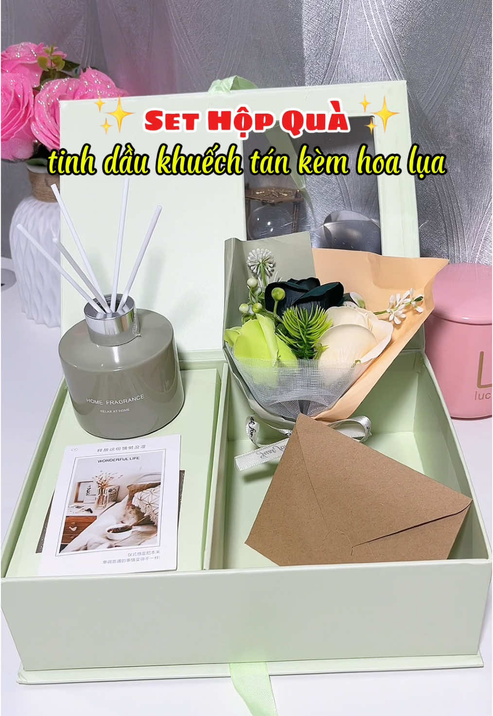 Gợi ý set quà tinh dầu khuếch tán kèm hoa ✨ #viral #quatangnguoiyeu #quatang #tinhdaukhuechtan #hoalua 