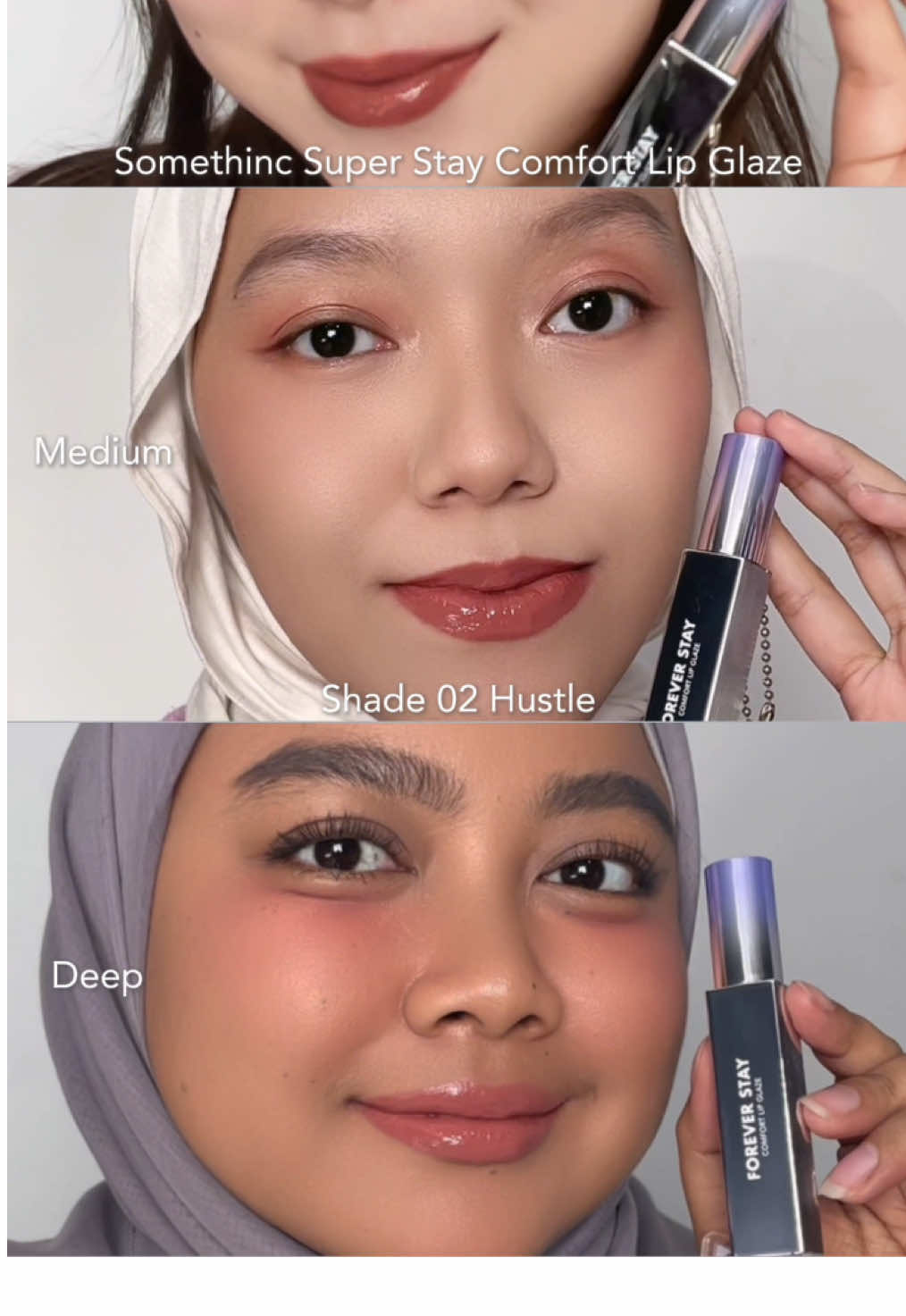 Shade 02 Hustle in 3 skin tone 😘✨ #somethinc #lipglaze 