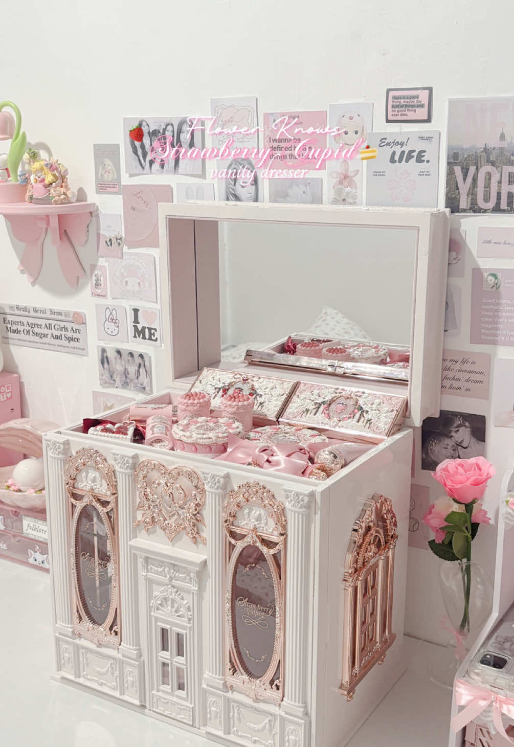 unboxing flower knows strawberry cupid vanity dresser storage box 🍰🍓 This collection is my favorite from @Flower Knows Makeup ✨ ✨ use my code “MILKBIANCAKES” for 5% off on flower knows official site  #flowerknows #flowerknowsgirl #flowerknowsstrawberrycupid #coquette #coquetteaesthetic #dollette #vanity #pinkaesthetic #pinkmakeup #wonyoungism #thatgirl #cleangirlaesthetic #aestheticmakeup #vanitymakeup #girly #girlythings #girlytok #girlygirl #romanticizeyourlife 
