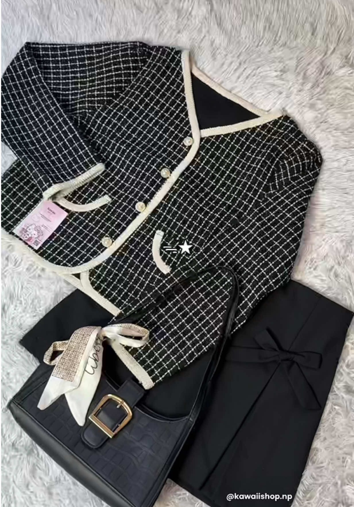 black checkered tweed coat in Nepal🎧🖇️  ~aesthetic and cute  -summer tweed  ~aesthetic korean tweed in nepal Perfect for spring #y2k  ♡Style it with cute tennis skirt or formal pants for aesthetic look  Get Korean outfits in Nepal on @kawaiishop.np 💗  Aesthetics: coquette . acubi . Korean . cute . oldmoney . Y2k  Instagram: kawaiishop.np🎀 #korean #kpop #kdrama #jennie #jenniekim #blackpink #outfit #jennieinspired #bowshirt#softgirl #korean #kdrama #kpop #kawaiiaesthetic #cute #koreandress  #kawaiioutfitswithme #kdrama #kstyle #aesthetic #coquette  #aesthetic #fyp #fypシ #fy #pinterest #kawaiioutfitswithme #kawaiishopnp  #giftidea #bow #coquettecore  #wonyoungism #pinkaesthetic #explorepage Korean shirt in nepal • korean skirt in nepal • korean t-shirt in nepal • Korean top in nepal for girls • korean dress in nepal • Korean clothes in nepal • kdrama inspired outfits in nepal • kpop inspired outfits in nepal • Korean outfits in nepal • jennie outfit in nepal • Korean bow shirt in nepal •Korean blouse