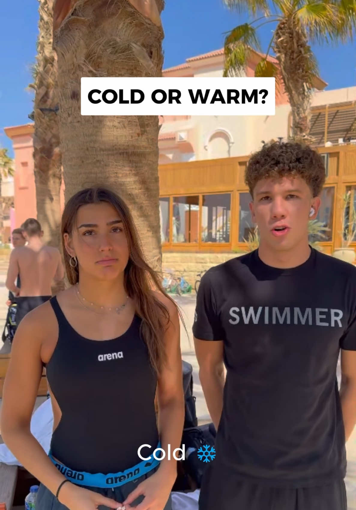 Cold or Warm? ❄️☀️ Our #OpenWater Junior athletes Vasileios Kakoulakis and Georgia Makri shared their preferences as Vasileios geared up for his first-ever 10km race 👏   Do you agree with them?