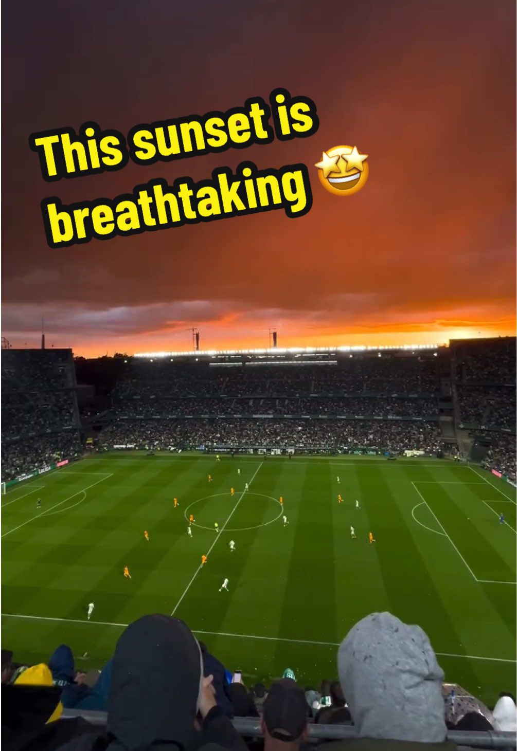 A beautiful sunset over the Benito Villamarín Stadium stadium during a match ☀️🏟️ | 🎥: figolain on Instagram | - #realbetis #realbetisbalompie #spanishfootball #spainfootball #benitovillamarin #antony #europaconferenceleague #uecl #football #Soccer #futbol #futebol #footy #footballstadium #footballfans #footballpitch 