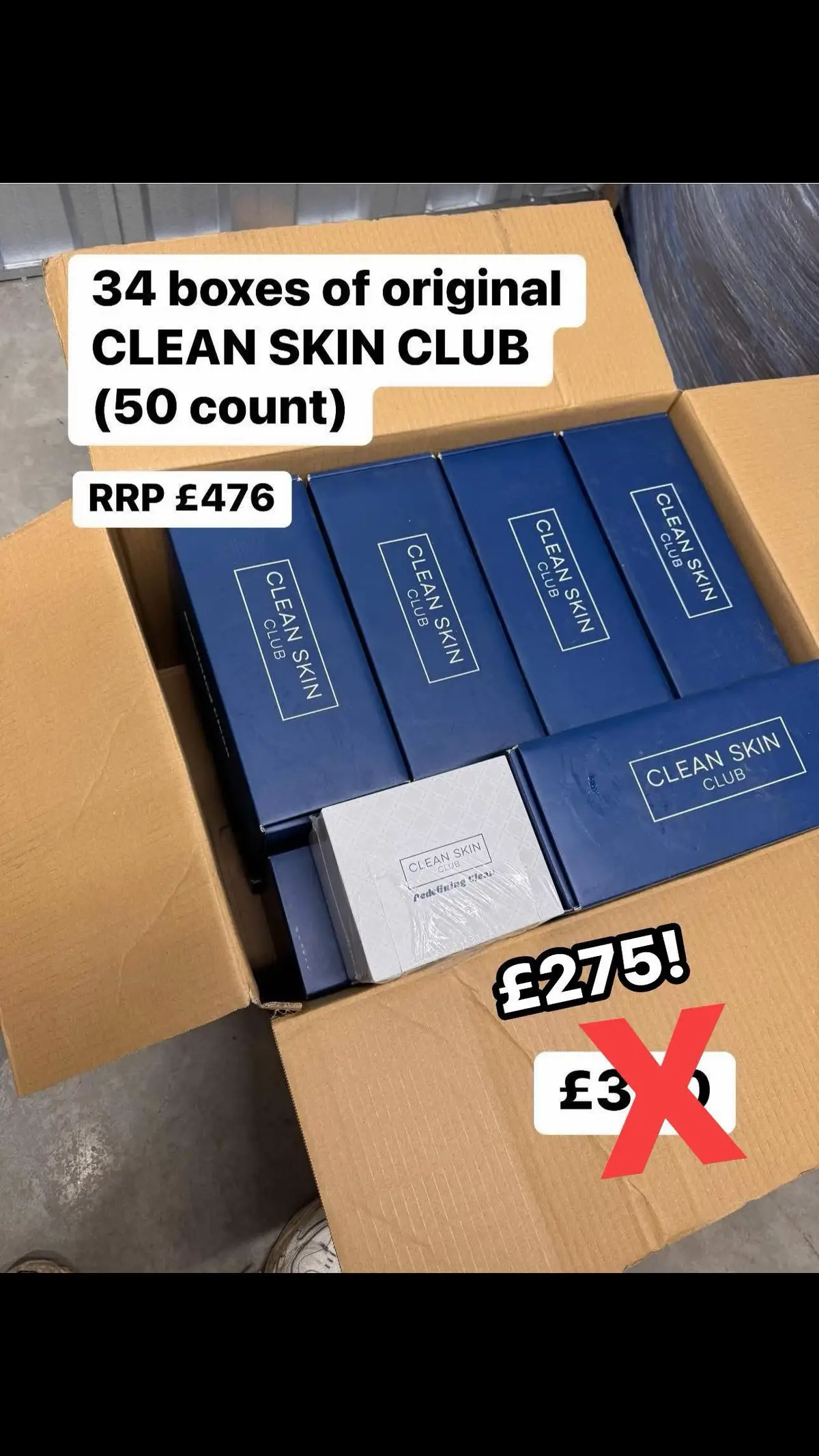 34 boxes of CLEAN SKIN CLUB (50 count) now for just £275. RRP £476. You can easily make profit on these!  • • #rswholesalers #resellersuk #stockuk #wholesaleruk #makemoneyonline #cleanskinclub #viral #fyp #foryou