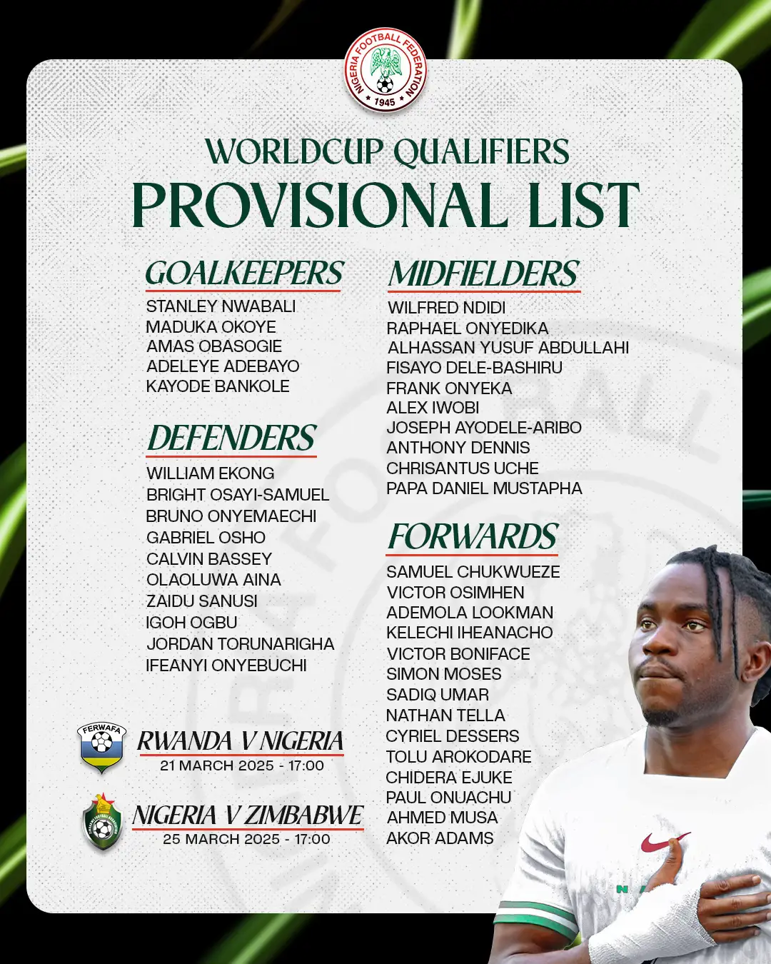 Roster for #2026WCQ vs Rwanda and Zimbabwe #SoarSuperEagles 
