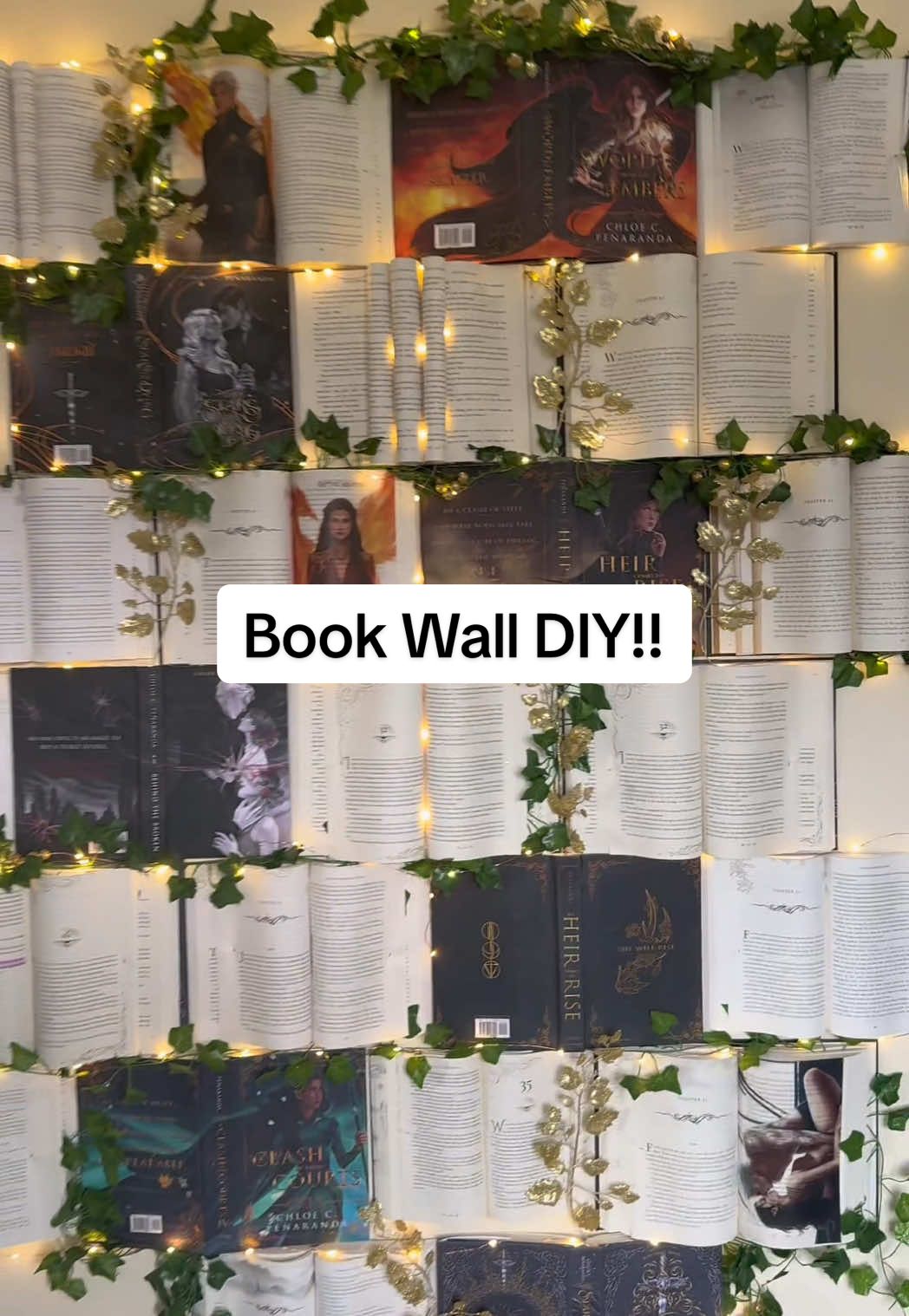 It turned out so cute😭📚💕 I can’t remember who I seen do this first but it’s been on my mind for so long and I’m so glad I finally made the book wall😍 highly recommend. You could totally do this on a thick piece of wood and hang it too, I just went rogue on the wall though. Follow me for romantic fantasy slow burn stories, sometimes spicy contemp romance, occasional crafts, and maybe coming soon day in the life shenanigans  . . #fantasybooks #books #chloecpenaranda #thestarsaredying #romantasy #DIY #bookwall 