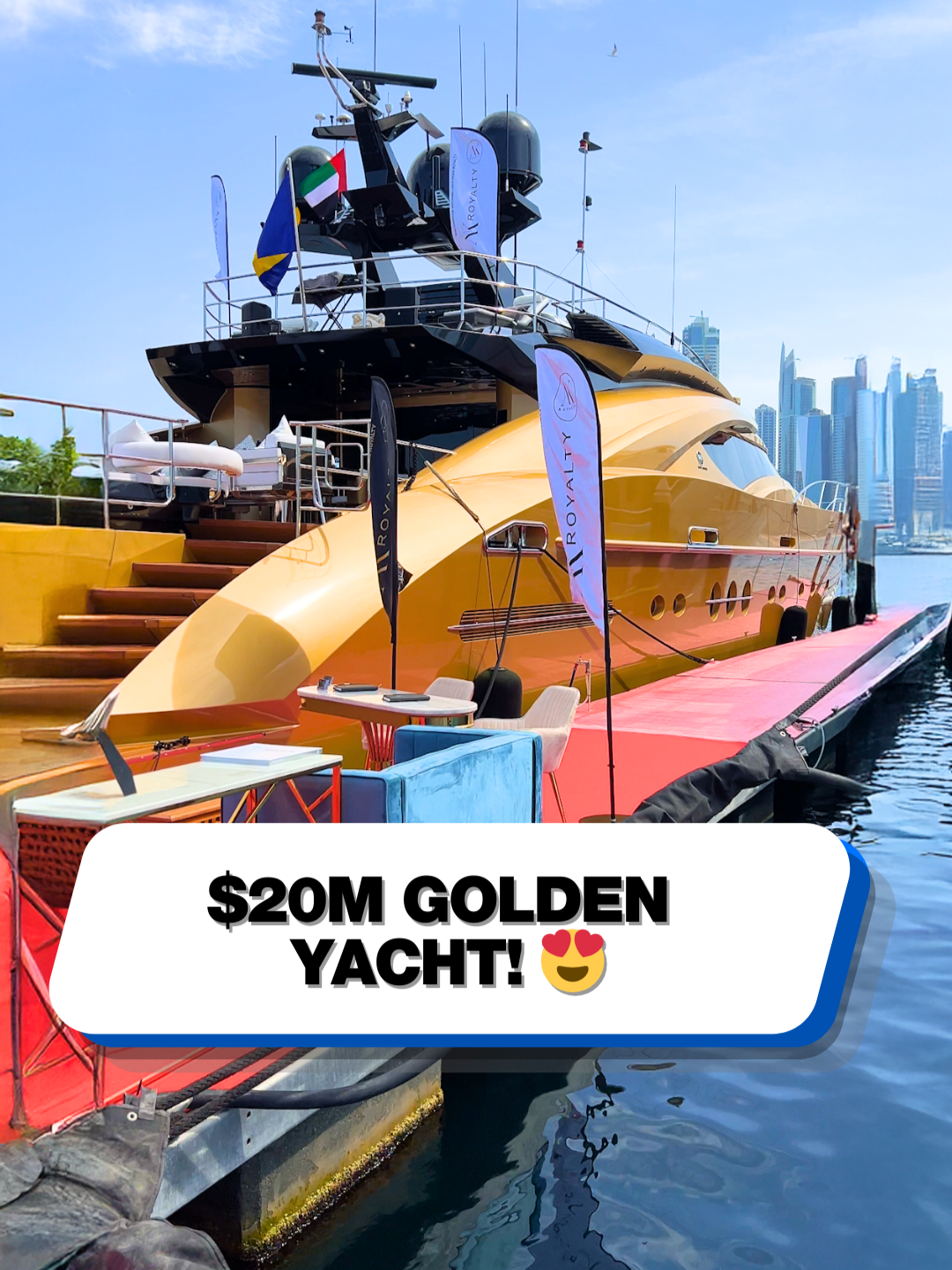This yacht is royalty by name, royalty by design! 😍 #yacht #boat #yachtlife #luxuryyacht #luxurylife #luxury #dubai #dubaiboatshow #golden #ak #royalty #royal #boatlife #boattok #luxurylifestyle #millionairelifestyle #supercarblondie 