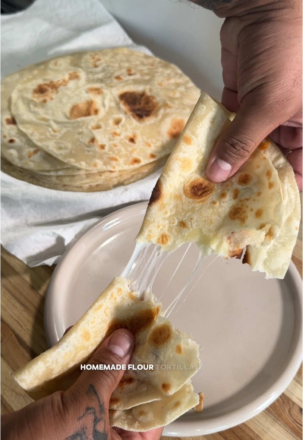 Recipe ⤵️ My secret to the perfect flour tortillas 🫓🤍 Ingredients: - 3 c ap flour  - 1 c HOT water (like near boiling) - 2 tsp salt  - 1/3 c softened lard/butter  - extra flour for rolling Directions: 1. Add your flour & salt to your a mixing bowl for your stand mixer.  2. With the dough hook attachment, start mixing on a low speed. Slowly add in your lard/butter.  3. Once incorporated, slowly start adding in your hot water. It should be very hot almost near boiling.  4. Once all your water has been added it should be a semi sticky dough. If it looks too dry just add in a little water.  5. Mix on med speed for 5-8 mins until a nice smooth dough has formed.  6. Remove it and shape into a nice ball. Add it back to mixing bowl. And cover with damp towel. Place somewhere warm for 15-20mins.  7. Once ready, start tearing off small segments and rolling it into equal sized balls.  8. Add them to lightly floured tray. Make sure to keep them covered while working with the dough.  9. Rolls them out one by one on lightly floured surface. Roll them in every direction, and turn them 90* every few rolls, until they’re super thin and almost see through.  10. Add to a hot comal over medium low heat. Cook on each side for 30-45 seconds. Until golden brown. 11. Enjoy now or let them cool and add them to container and store in fridge!  #mexicanrecipes #mexicanfood #homemadefood #tortillas #flourtortillas 