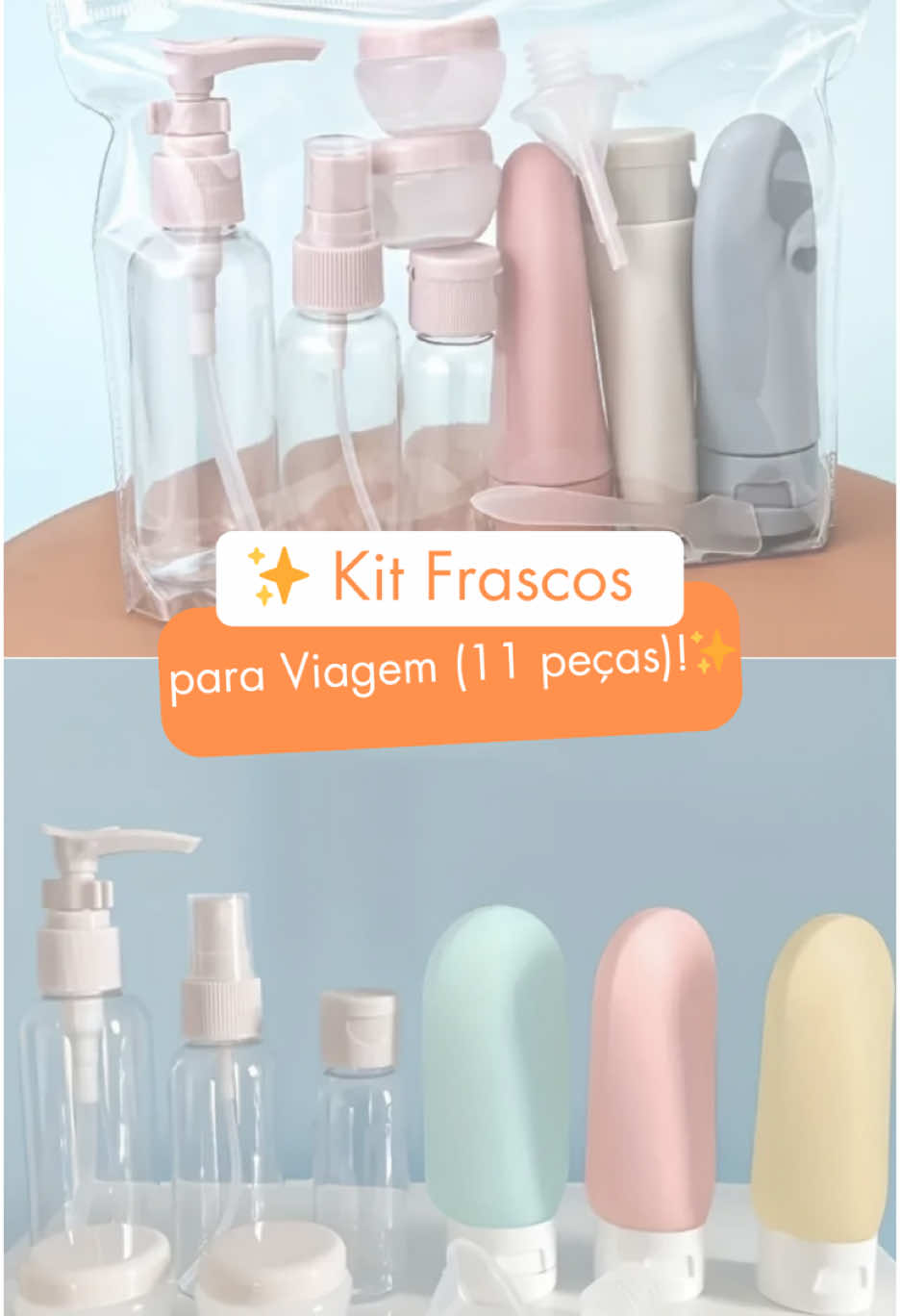 🧴 Já pensou em levar tudo o que precisa sem peso extra? O Kit Frascos para Viagem (11 peças) mantém seus produtos organizados, sem vazamentos e dentro das regras de bagagem! ✨ 🛒 Link na bio! #Achadinhos #Shopee #DicasDeViagem #BagagemCompacta #NecessairePerfeita #PromoçõesShopee