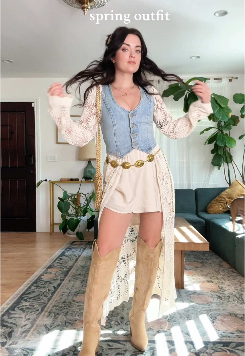 Lots of layers incoming 🤍 #fashiontok #fashiontiktok #layeringoutfits #bohofashion #bohostyle #witchystyle #witchyvibes #whitewitch #style #fashioncontent #denimvest #laceduster #kneehighboots #vintagevibes 