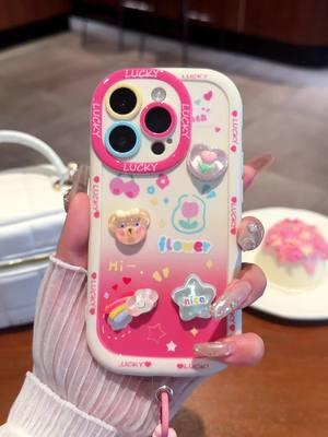 Casing ponsel putih stiker Beruang Pelangi, cocok untuk iPhone dan Android, juga dengan gelang