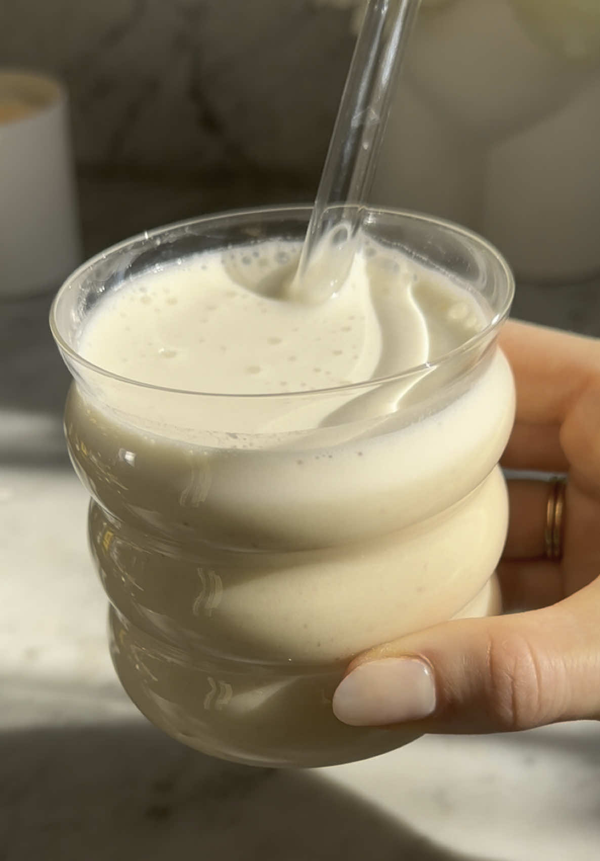 The *best* homemade nutmilk for the luteal phase  1/3 cup walnuts  3 dates  1 tsp vanilla 1 pinch salt 3 cups water  Place all ingredients in blender and blend until smooth. Stores for 3 days in fridge, will separate and need to be shaken. Can strain if you find the texture unappealing but not straining provides more fiber! Also if you’re blending in a nutribullet can put two cups water in to blend and add the other cup after 🤍 #cyclesyncing #lutealphase #nutmilkrecipe 