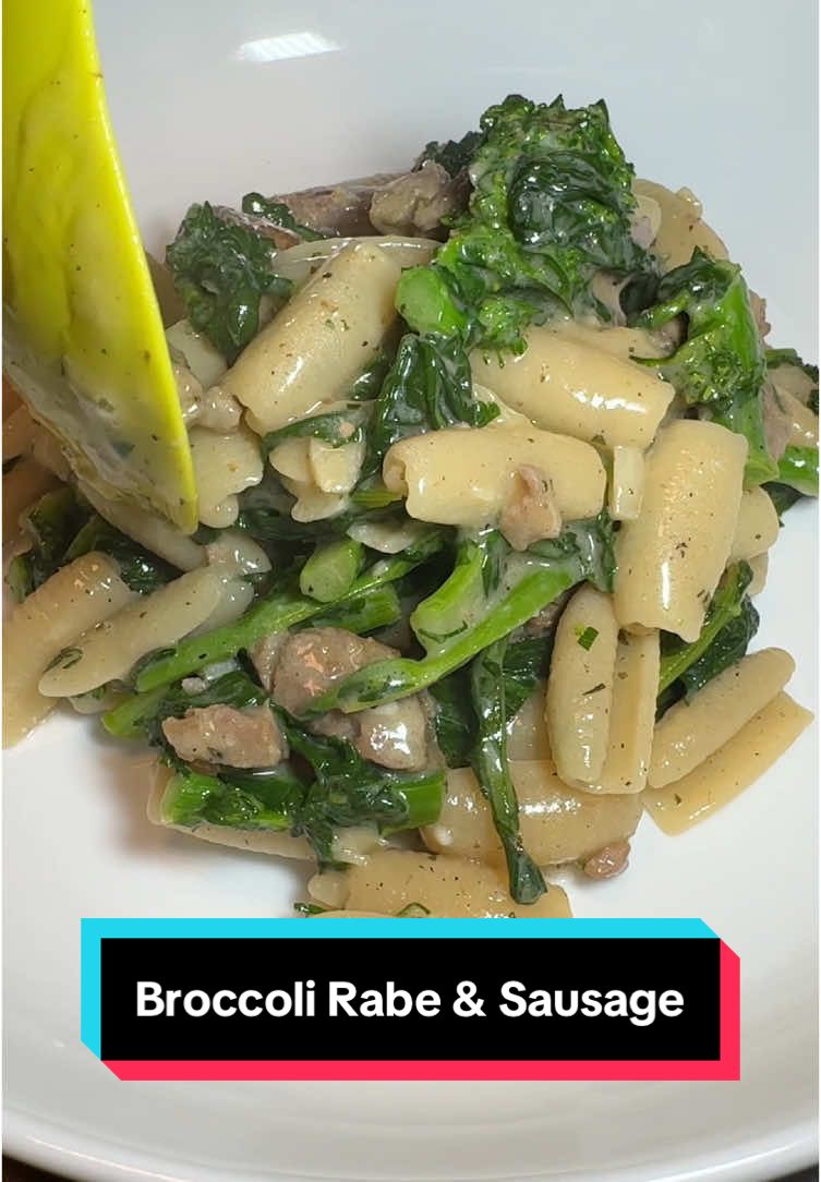 Cavatelli with broccoli rabe and sausage #broccoli #pasta #pastalover #pastarecipe #sausage #yummy #delicious #tasty #cookingathometiktoktv #FoodLover #foodblogger #FoodTok #cheftok #foodiesoftiktok #chefsoftiktok    2 Italian Sausage  1/4 cup EV olive oil 1.5 cups water to simmer the sausage  8oz pasta 10 cloves garlic sliced 1 TB fresh chopped rosemary 1 head broccoli rabe 5 TB unsalted butter  1 TB fresh lemon juice 2 TB fresh parsely 10 leaves basil Salt and pepper Lots of Locatelli pecorino  