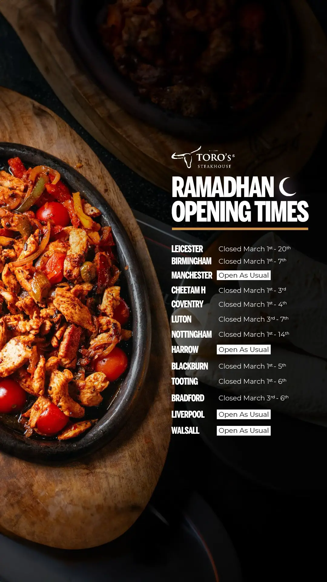 Manchester, Liverpool, Harrow, and Walsall are open as usual. Our other locations will be back very soon! 🗓️ Enjoy your iftar with us! 💫 #Toros #InstaFood #TorosSteakhouse #TorosUK #Steakhouse #HalalFood #HalalSteak