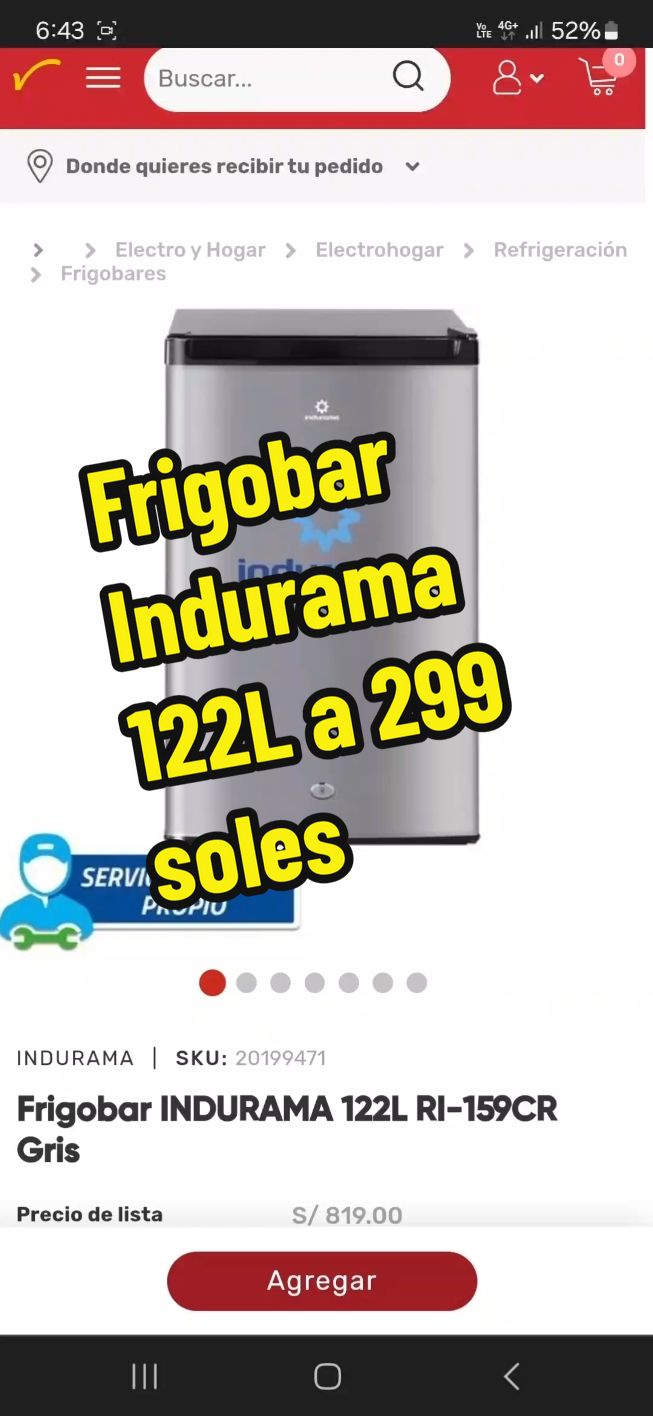 Frigobar INDURAMA 122L RI-159CR Gris a 299 soles en Plaza Vea #supercupon #parati #ofertas #frigobar #indurama 