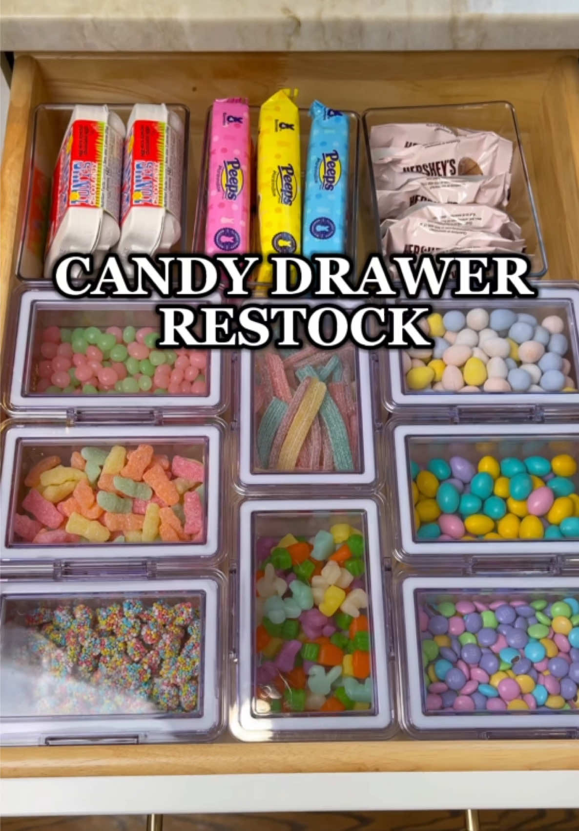 My prettiest candy drawer yet ☺️ #asmr #candydrawer #restock #asmrrestock #candydrawerrestock #easter #eastercandy #kitchenorganization #organizedhome #fyp #foryou #sahm 