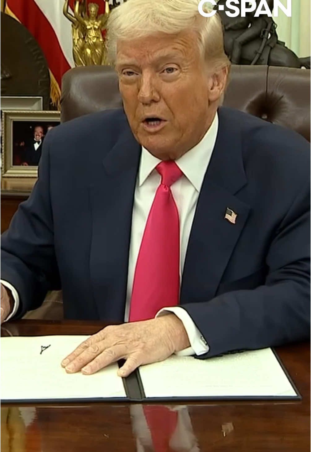 President Trump reversed course on Thursday, signing a one-month suspension of his sweeping tariffs for most goods from Canada and Mexico.   Goods traded under the rules of the U.S.–Mexico–Canada Agreement (USMCA), the trade pact he signed in his first term, will be exempt from the 25% levies he imposed earlier in the week.   The move came a day after he gave a one-month reprieve to carmakers, who argued the tariffs would severely hurt the U.S. auto industry.   The president has upended North American trade with his tariff policies, roiling markets, stoking diplomatic tensions, and inserting uncertainty into industries heavily reliant on trade.   He said the tariffs were intended to spur the Mexican and Canadian governments to do more to address migrants and drugs coming into the U.S.   “After speaking with President Claudia Sheinbaum of Mexico, I have agreed that Mexico will not be required to pay Tariffs on anything that falls under the USMCA Agreement,” the president wrote on social media.   “I did this as an accommodation, and out of respect for, President Sheinbaum. Our relationship has been a very good one, and we are working hard, together, on the Border, both in terms of stopping Illegal Aliens from entering the United States and, likewise, stopping Fentanyl.”   Speaking to reporters in the Oval Office, the president denied the reversal was influenced by turmoil in the stock market, his favorite economic indicator.   “No, nothing to do with the market,” he said. “I’m not even looking at the market because long term, the United States will be very strong with what’s happening.”   Asked again about the market, which is heading for a losing week, the president blamed the recent selloff on “globalists.”   “I think it’s globalists that see how rich our country’s going to be and they don’t like it,” he said. “But again, they’ve been ripping off this country for years. And they’re going to do great — everyone’s going to do great. But we can’t let this continue to happen to America.” #tariffs #trump #cspan 