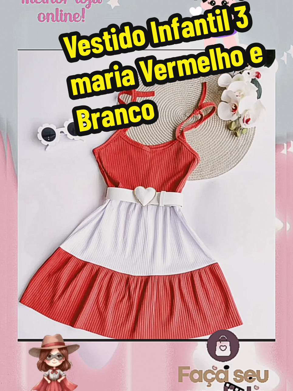 Vestido Infantil 3 maria Vermelho e Branco 