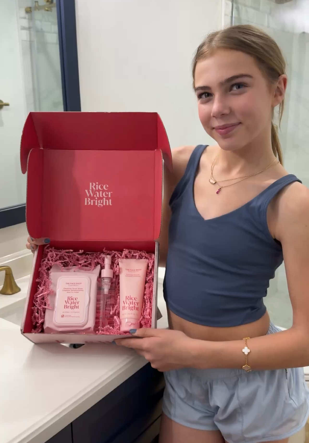 Loving this Rice Water Bright skincare set by  @The Face Shop US Cleansing wipes,  cleansing oil, and foaming cleanser. Yes please! #thefaceshop #ricewaterbright #teenskincare 