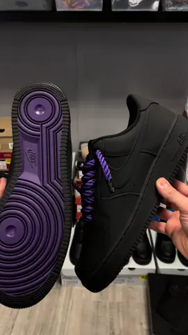 Matte AIR FORCE 1’s with purple soles and purple rope laces 💜 #purple #matte #matteblack #ropelaces 