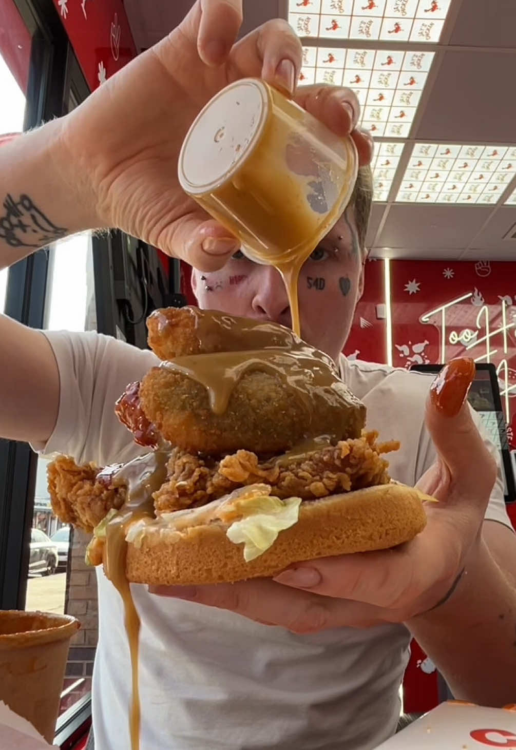 Cursed Chickenshop: Extra Hot Gravy Jalapeño Popper Burger🍗🔥🤑 #friedchicken #jalapeño #gravy #takeaway #foodreview 