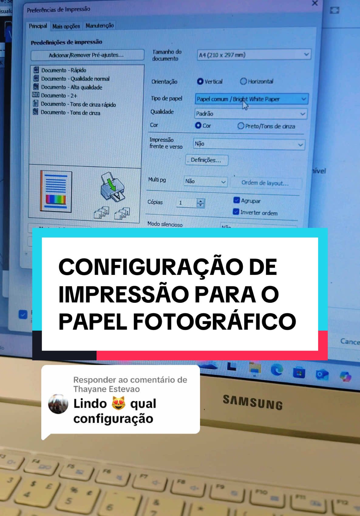 Respondendo a @Thayane Estevao  Minha configuração de impressão para o papel fotográfico glossy. #papelariapersonalizada #epsonecotank #epsonl3250 #papelfotografico #foryoupage #fyp 