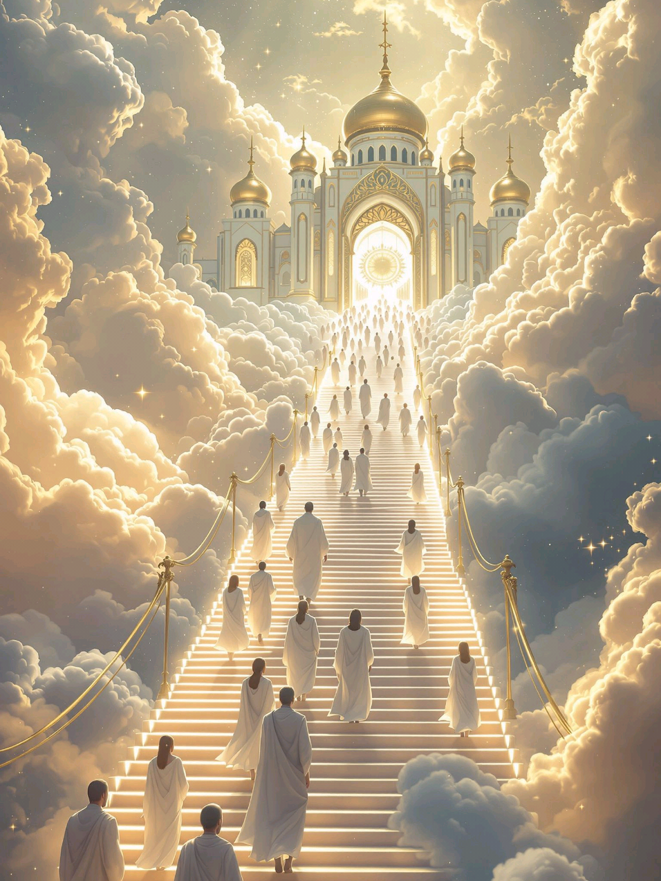 O Caminho para o Grande Banquete Celestial! Multidões sobem a escadaria dourada rumo ao glorioso Reino dos Céus, onde um majestoso banquete celestial aguarda. Jesus, sentado à mesa, recebe com amor os escolhidos, diante de um castelo de ouro iluminado pela glória divina. Uma visão poderosa da promessa eterna que nos espera. #reinoidoscéus #banquetecelestial  #jesuscristo #vidaeeterna  #féinspira 