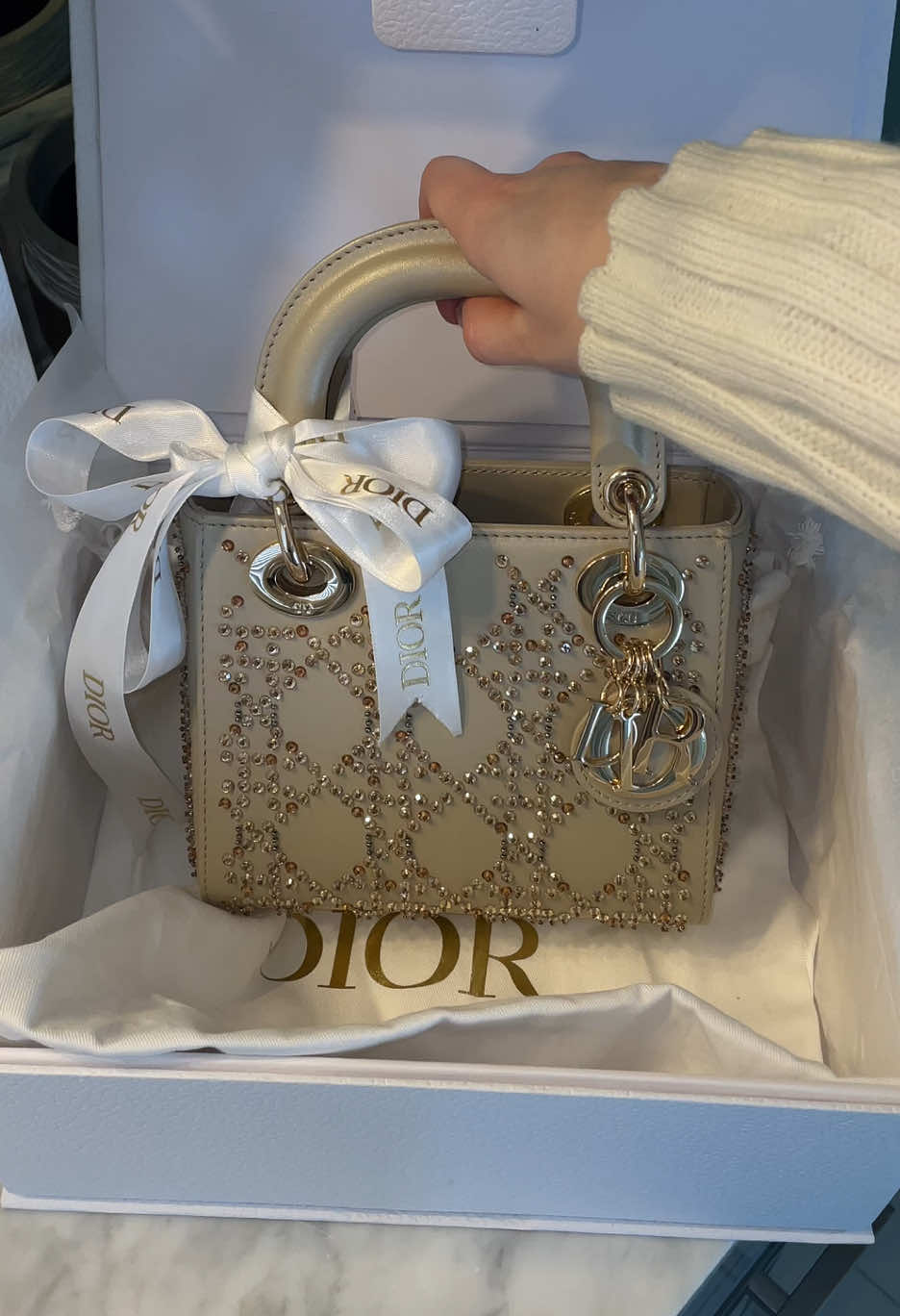 Im obsessed with this crystal bag I love unboxing these🤍 #diorunboxing #unboxinghaul #ladydior #ladydiorbag #diorbag #crystal #crystals #embroidery #limitededition #bags #bagcollection #aesthetic #pursetok 