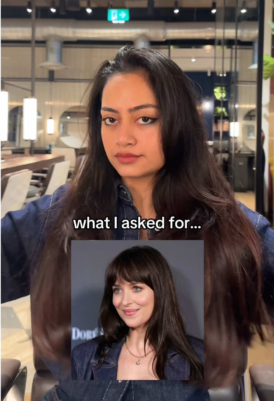 what I asked for vs what I got - Whispy Bangs with Long Layers for @Arunima Ghosh 💙 ✂️ by @Dale Herne  #haircut #hairtrends #hairstyles #haircutinspo #hairinspo #hairstyle #faceframe #londonhairsalon #hershesons #blowout #bangs #janebirkin #dakotajohnson 