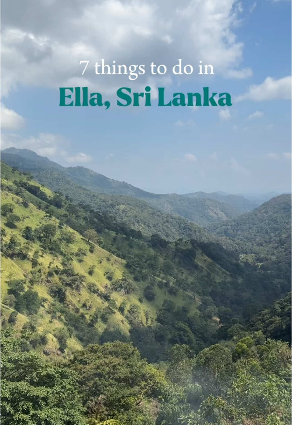 7 things to do in Ella, Sri Lanka 💚  There’s so many activities to do in and around Ella, it’s worth staying a minimum of 3 nights on your travels (at the least).  1. Head to cafe soul for the best view of nine arches bridge.  2. Ravana waterfall is one of the many waterfalls in Ella - if you have time I recommend renting a moped and doing a bit of a self led tour. 3. There are lots of options when it comes to cooking classes in Ella. We did one with a lovely guy called Theeban (insta: theebankitchen). We made 7 vegan curries for 5,000 rupees each and it was some of the best food we had on our whole trip!  4. The Buddhist monastery is amazing - a must visit! If you go at 4:30pm you’ll be able to do a guided meditation with one of the monks.  5. The little Adam’s peak hike is a must do during your time in Ella - people say it’s a lot easier than Ella’s rock hike so do Little Adam’s peak if you’re not a big hiker like me!  6. Go to Ravana pool club for drinks and a refreshing dip! We came here on the way down from little Adam’s peak. I tried their tea beer - it was delicious!  7. The famous train ride from Ella to Kandy (or Kandy to Ella) is an absolute must! It was 7 hours long but definitely worth it…  Have fun! #srilanka #thingstodoinella #ella #traveltiktok 