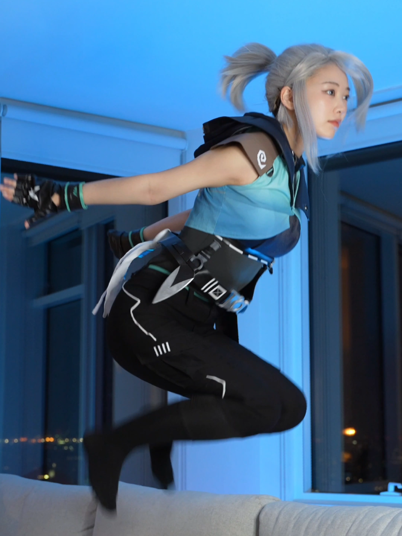did a suspicious amount of rhythmic jumping on my couch for this video (Sorry downstairs neighbors its not what you think) fire track @bbno$  #jett #cosplay #Valorant #memes #bbno #check #jettcosplay #gamer #gamecosplay  [Bbno$ check trend cosplaying Jett from Valorant]