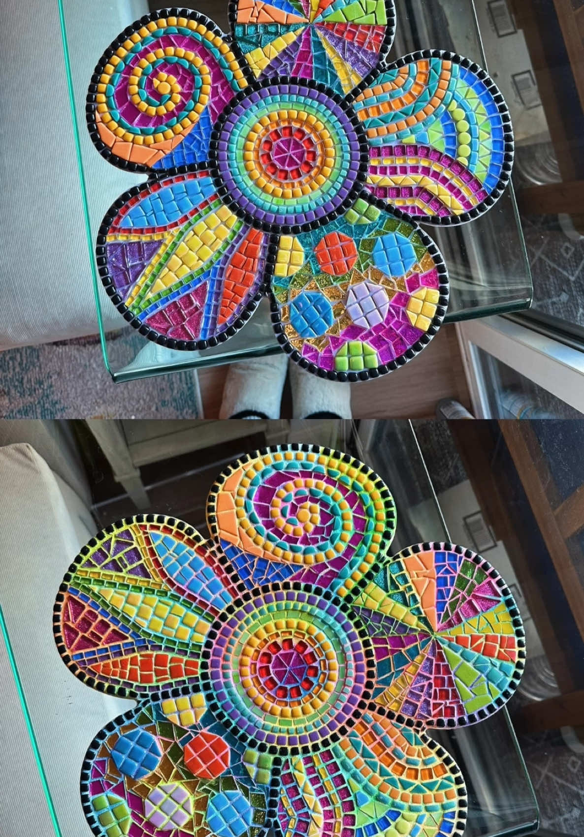 Replying to @Danielle🌈 ✨comparing all the stages of this piece✨ #zenspiredesigns #SmallBusiness #mosaicart #satisfying #oddlysatisfying #mosaic #mosaictiles #mosaicproject #grout #groutcolor #coloringgrout #paintinggrout