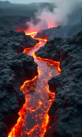 An drone sweeps past a lava field where red-hot molten rivers carve new paths through black volcanic rock in an active eruption zone #lava #volcanic #volcanicstone #stunning #extremenature #nature #fireandrock #volcanoeruption 