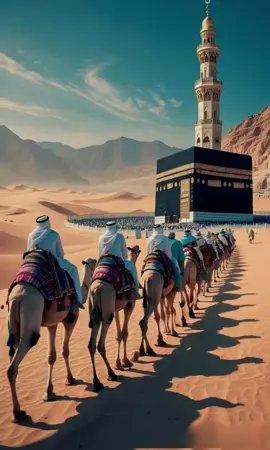 Makkah with Old Arab View🌴🪔 ---------- image depicts a caravan of people dressed in traditional white garments, riding camels across golden desert sand towards the Kaaba, the sacred Islamic site in Mecca. The camels are adorned with colorful, intricately woven saddles, and their long shadows stretch across the dunes. In the background, a towering minaret stands against a backdrop of rugged mountains under a bright blue sky. The scene evokes a historical pilgrimage, reminiscent of how travelers journeyed to Mecca in ancient times, emphasizing spirituality, devotion, and tradition. #Ramadan #kareem #fyp #trending #MassFollowing #viralvideos #uk #arab #sahara #desert #creatorsearchinsights 