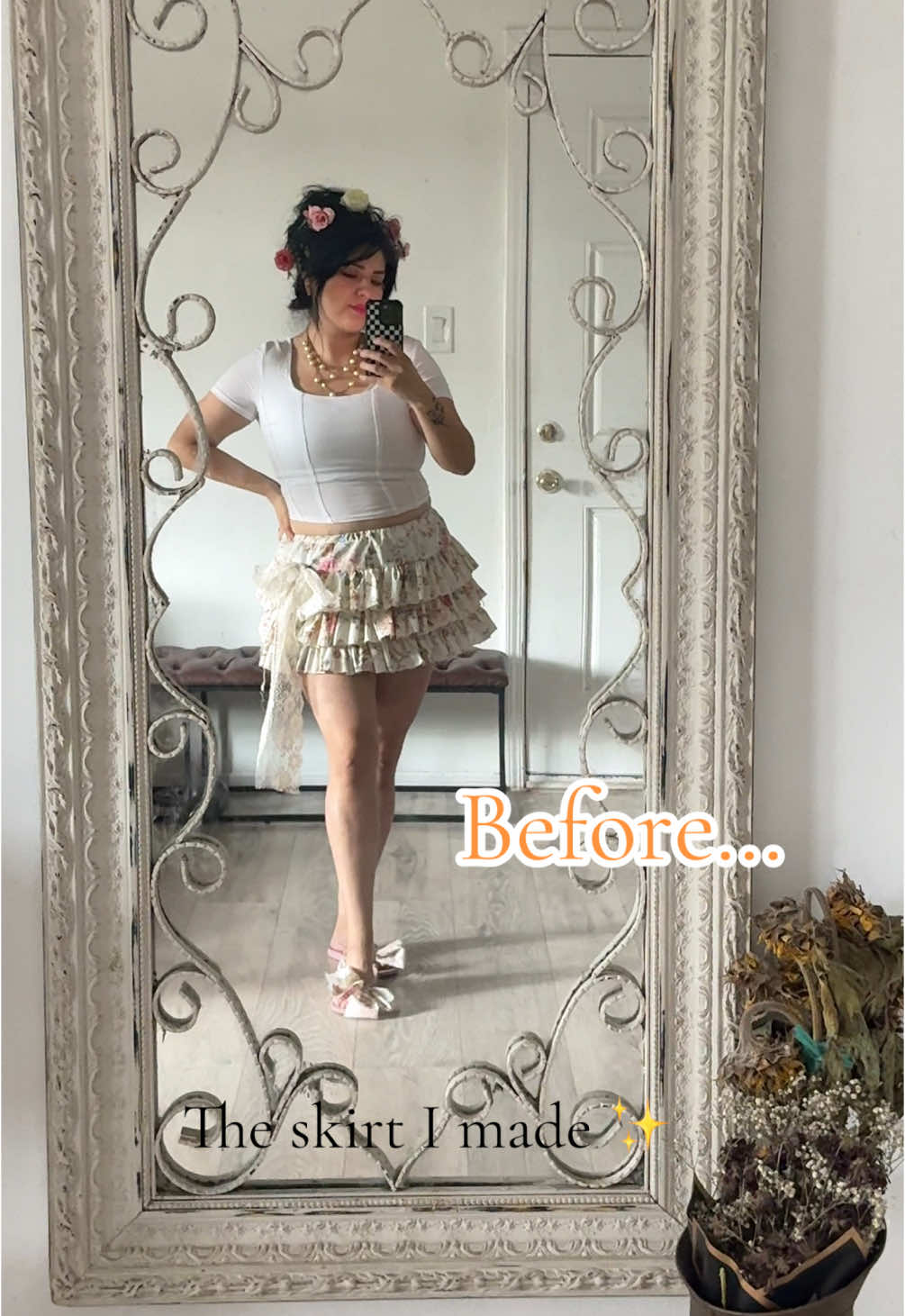 Someone has to model it 🥴 #ruffledskirt#DIY#fyp#beforeandafter#fashion#fashiontrends2025#sewing