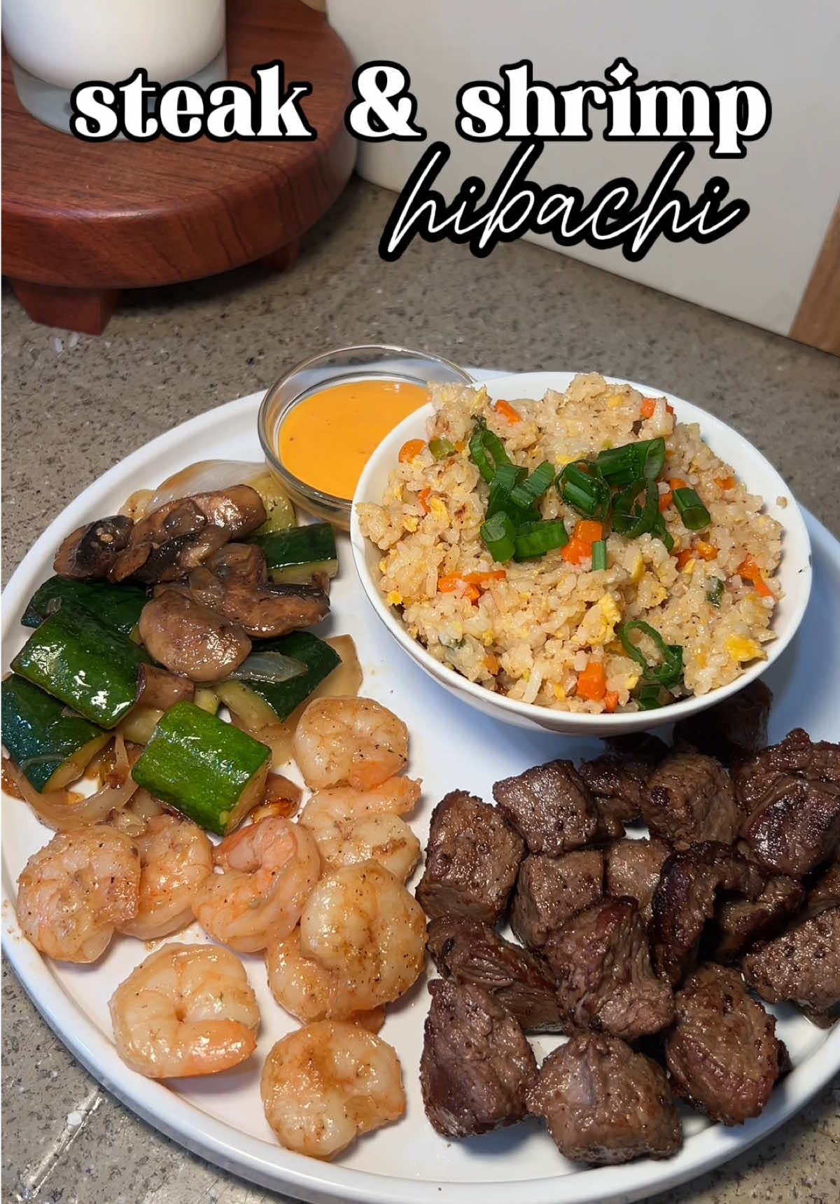 steak & shrimp hibachi 😋  ingredients: fried rice - cooking oil  - 1/4 white onion diced - 2 carrots peeled and diced - 1 bunch of green onions diced - 2 spoonfuls of jarlic or use fresh garlic - 2 cups cooked and cooled rice  - 4 eggs  - soy sauce to taste - black pepper to taste - accent to taste (or salt) - 2 spoonfuls of garlic butter  - green onions  steak - steak of choice cubed up - salt, pepper and garlic powder to taste - spoonful of garlic butter  veggies - 2 zucchini - 1 white onion  - salt & pepper to taste - soy sauce to taste - 1 spoonful garlic butter  shrimp - 1 lb peeled and deveined shrimp - salt, pepper and garlic powder to taste - soy sauce to taste - 1 spoonful garlic butter  - juice of 1/2 lemon  #creatorsearchinsights #hibachi #hibachiathome #hibachigrill #hibachinight #hibachidinner #friedrice #friedricerecipe #cook #cooking #food #Foodie #dinner #DinnerIdeas #EasyRecipe #yummy #dinnerrecipe #yummyfood #fyp 