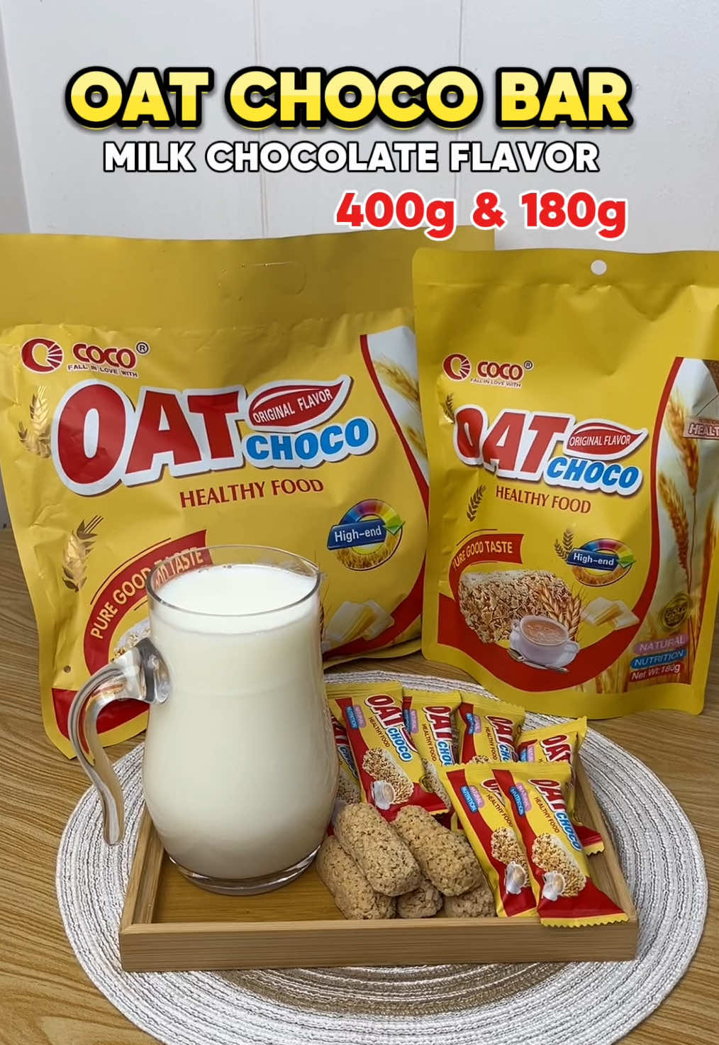 Oat choco bar snacks! 400g & 180g available in Matcha, Chocolate, Milk & Strawberry! #oatbar #oatchoco #cocofood #oatmeal #cerealbar #milk #oats #matcha #strawberry #chocolate #healthsnacks #yummy #pasalubong 