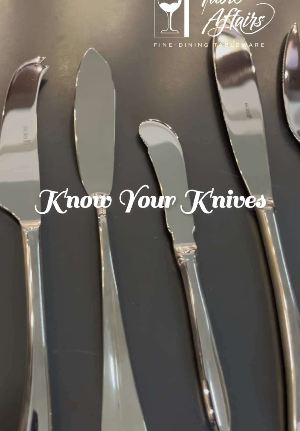 Ever wondered which knife to use and when? From table knives to dessert knives, steak knives, and butter knives, each has a purpose at the dining table.  Watch this quick guide to elevate your table etiquette and dine like a pro 🍽✨! All these knives are available at #TableAffairs.