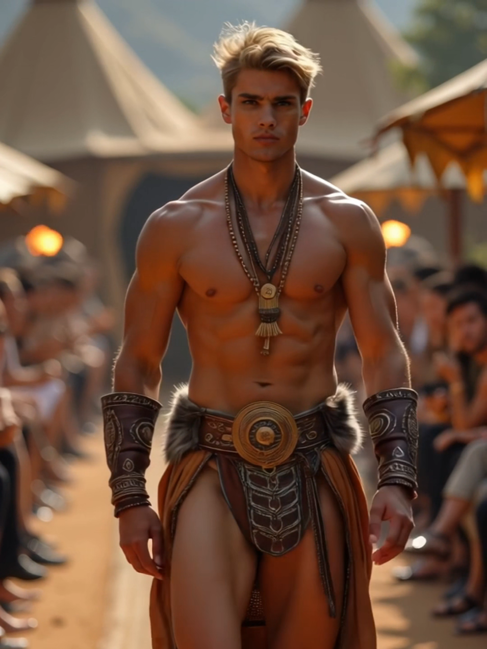 🔥 AI MEN WORLD Runway: Nomadic Warrior Elegance! ⚔️🔥 A breathtaking fusion of tradition and power! Watch as an AI MEN WORLD model commands the runway in a warrior-nomad-inspired swimwear, featuring embroidered leather, fur-lined accessories, and a bold tribal belt. Set against a grand Ottoman-era encampment, this show is an unmissable spectacle! 🏕️✨ #AIMENWORLD, #FashionShow, #MaleModel, #WarriorNomad, #OttomanStyle, #RunwayMagic, #HighFashion, #EpicRunway, #TribalElegance, #8KQuality