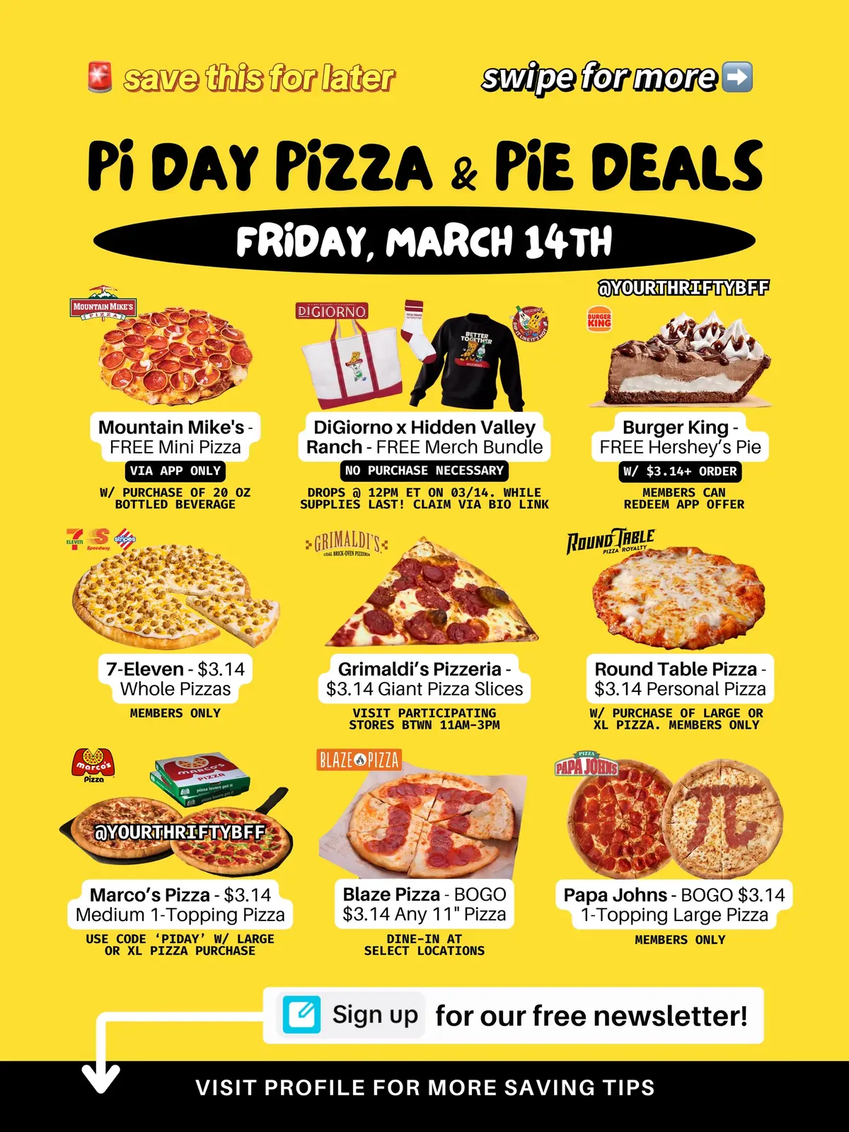 ‼️SO MANY pizza & pie deals for Pi (π) Day on Friday, March 14th 🥧 FREE @DiGiorno bundle, @Burger King Hershey’s pie, Mountain Mike’s Pizza, and more $3.14 pizzas/pies! share this 🫡 #pizza #piday #314 #march14 #pizzaday #314159 #pieday#π #foodhacks #mealdeal #cheapmeals #yourthriftybff #savingtips #math #bigback #fyp 