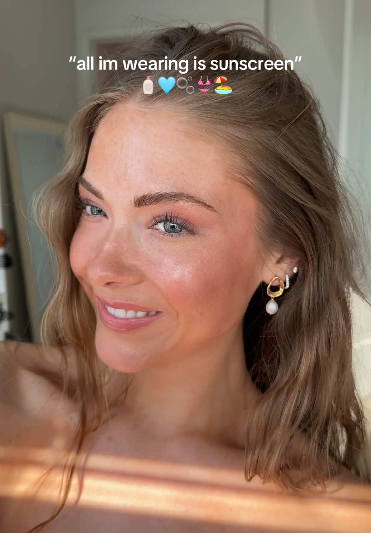 full face of spf makeup ! 🤭🏖️🫧 product details listed below & in my LTK!  @Vacation classic whip spf 30  @Supergoop glow screen spf 40  @Colorescience face shield spf 50, bronze color balm spf 50, brush on shield spf 50, total eye spf 35, lip shine spf 30 @Kopari Beauty setting mist spf 50  @nakedsundays illuminating serum drops spf 50, blush serum drops spf 50  #spfmakeup #summermakeup #sunscreen #naturalmakeup 