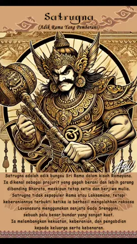 Satrugna adalah adik Rama yang dikenal sebagai seorang pahlawan yang pemberani dan kuat. Ia merupakan putra bungsu dari Raja Dasarata dan merupakan saudara yang sangat setia dan loyal kepada Rama. Dalam kisah Ramayana, Satrugna dikenal sebagai seorang yang berani melawan raksasa dan musuh-musuh lainnya. Ia membantu Rama dan saudaranya yang lain, Bharata dan Laksamana, dalam perang melawan Rahwana dan pasukannya. Satrugna juga dikenal sebagai seorang yang memiliki kekuatan fisik yang luar biasa dan kemampuan berperang yang sangat baik. Ia membunuh banyak raksasa dan musuh-musuh lainnya dalam perang melawan Rahwana. Dalam kisah Ramayana, Satrugna digambarkan sebagai seorang pahlawan yang pemberani, kuat, dan setia kepada saudaranya dan keluarganya. Ia merupakan salah satu tokoh penting dalam kisah Ramayana dan merupakan simbol keberanian, kesetiaan, dan kekuatan. #kisahramayana #wayang #jawa #lukisan 