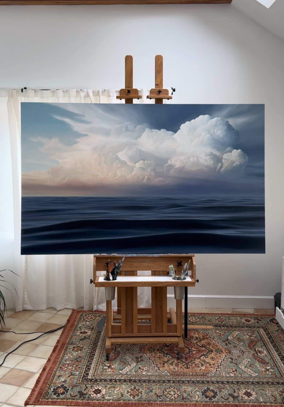 One of the biggest paintings I’ve ever made.   Morning Light  47x76” Oil on Canvas  . . . #painting #art #oilpainting #artist #clouds #waves #paintingprocess #wavepainting 