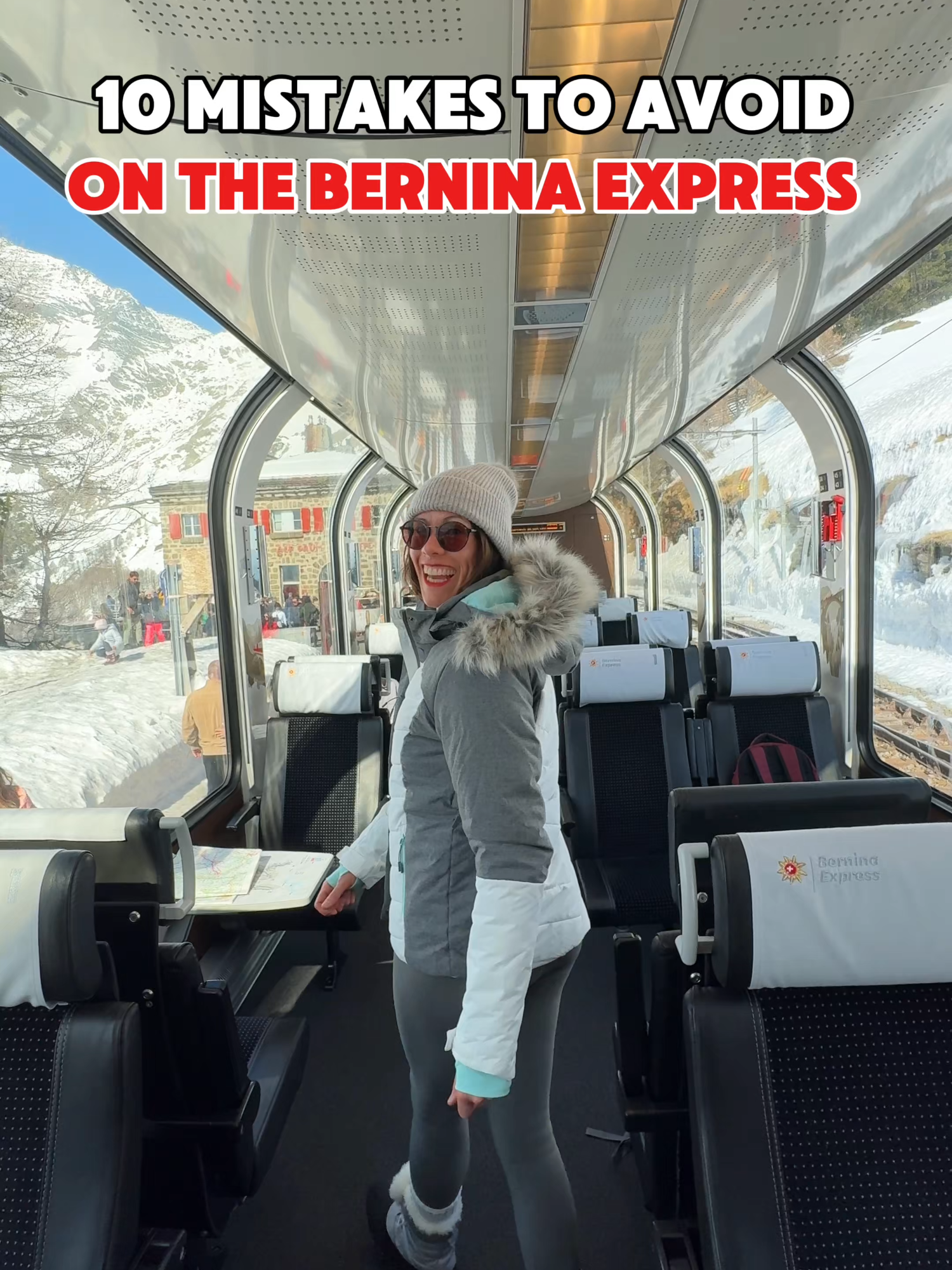 10 Mistakes Avoid on the Bernina Express 🚂 ❄️ Travelling in summer season - it’s more expensive, more crowded and you don’t get those gorgeous snowy views. 🎟️ Not booking in advance - even in low season, the Bernina Express tickets sell out, so get your at least 2 months in ahead of time. ⬇️ Not going from north to south - the most stunning part of the journey is as you near Italy, so it’s best to save this for last, by travelling from Chur to Tirano. ⏰ Not arriving at least 15 mins before departure - you’ll want to get settled in and comfortable well before the train leaves. 🪑 Not sitting on the right hand side of the train - the views are definitely better on this side! 🕶️ Not bringing sunglasses and layers with you - it gets pretty bright and hot in the carriages due to the huge windows, so come prepared! 🪟 Not finding out where the nearest sliding windows are for photos to avoid the glare - check between carriages if you can’t find them! 📸 Not checking the route and having camera at the ready for the viaduct shots - they pass in an instant and you’ll miss out if you’re not prepped. 🚆 Taking the Bernina Express return journey - if you’ve already done the panoramic ride once, just grab the regular regional train back to Chur for half the price instead. 🇮🇹 Not spending time in Italy afterwards - way cheaper than Switzerland, Lake Como, the Alps and Milan are all easily accessible from the end point in Tirano, Italy. #gifted #berninaexpress #berninaexpresstrain #berninaexpress🇨🇭 #berninaexpress🇨🇭🚞 #swisstrains #swisstravel #alps #alpsmountains #alpstrain #alpstravel #uktravelblogger #femaletravelbloggers #traintravel #traintrip