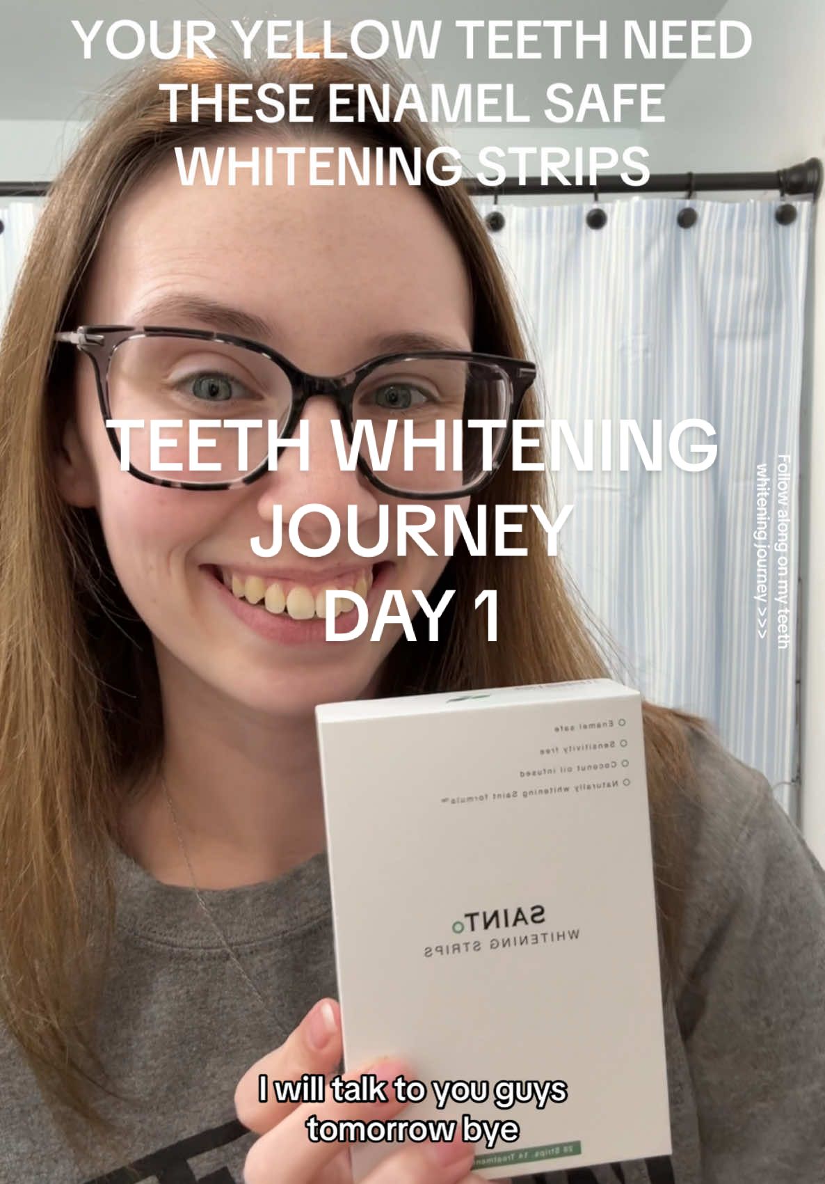 Come follow my teeth whitening journey by clicking that follow button & I’ll be back tomorrow to show you how to use them! #saintwhiteningstrips #saintteethwhitening #teethwhitening #teethtok #coconutoilforeverything #beforeandafter #tiktokshoprestock #tiktokshopglowup 