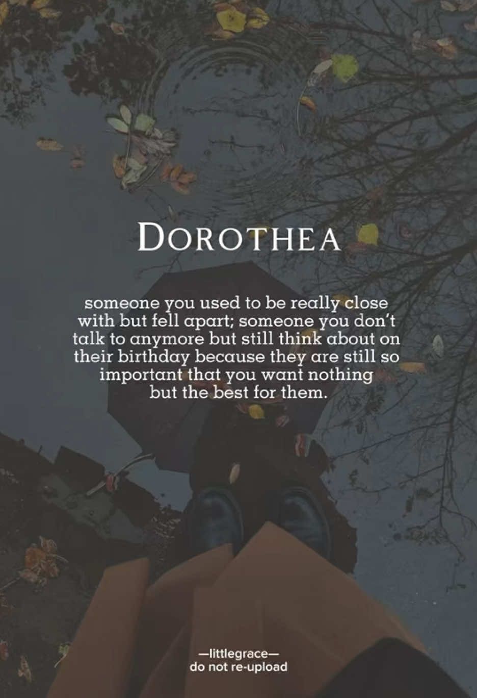 Dorothea (n.) someone you used to be really close with but fell apart; someone you don’t talk to anymore but still think about on their birthday because they are still so important that you want nothing but the best for them.❤️‍🩹🌻 #childhoodfriend #friendship #dorothea #words #wordsoftheday #dailywords #aestheticwords #beautifulwords #wordgasm #rarewords #littlegraceph #fypシ