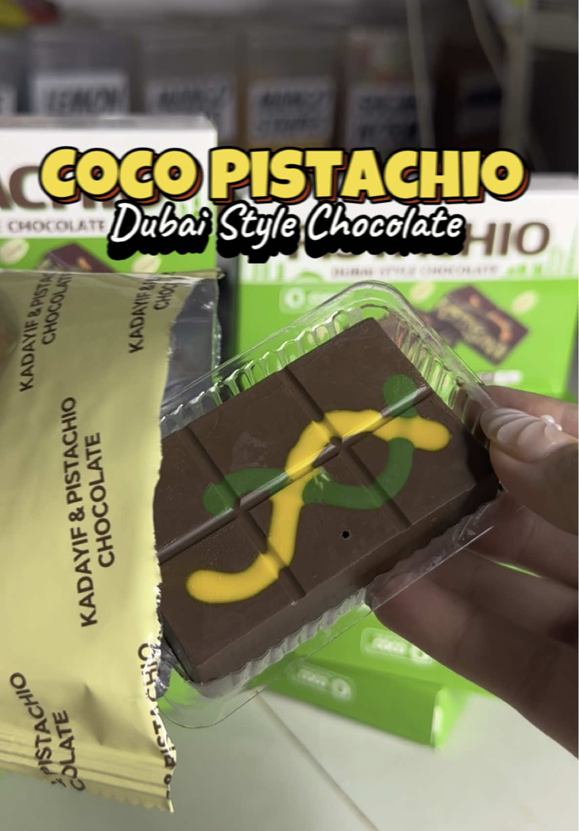 Coco Pistachio Dubai Style Chocolate Wahhh!! Finallyy! Restock today 8am see you on our live! #chocolate #dubaichocolate #kataifi #pistachio 