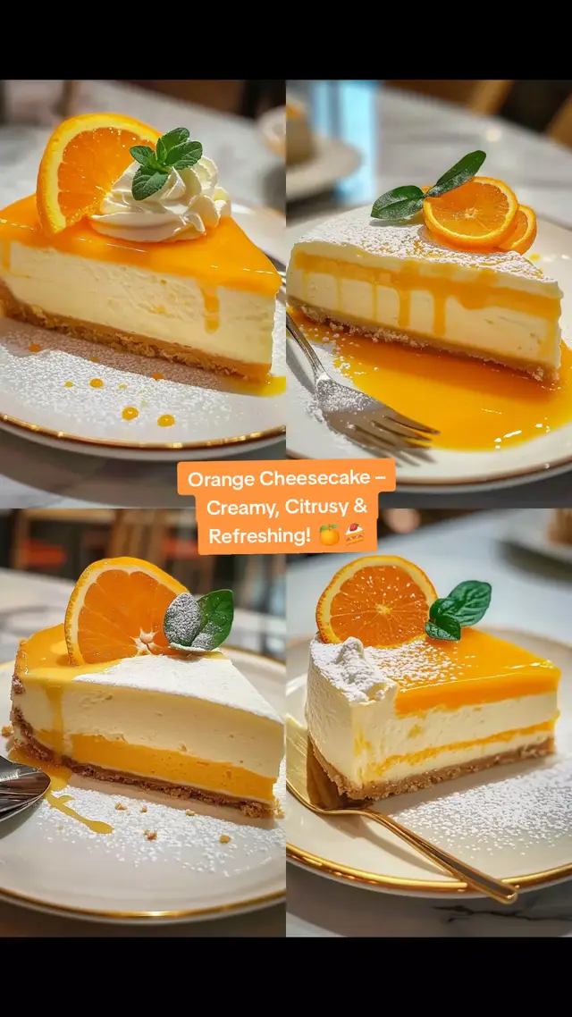 Orange Cheesecake – Creamy, Citrusy & Refreshing! 🍊🍰 This Orange Cheesecake is a smooth, creamy delight infused with fresh orange flavor, perfect for a light and refreshing dessert! 🍪 Crust: 200g digestive biscuits (crushed) 80g melted butter 🧀 Cheesecake Filling: 400g cream cheese (softened) 120g sugar Zest of 2 oranges 150ml fresh orange juice 1 tsp vanilla extract 200ml heavy whipping cream 10g gelatin + 3 tbsp water 🍊 Orange Glaze (Optional): 150ml fresh orange juice 50g sugar 5g gelatin + 2 tbsp water 🍰 Instructions: 1️⃣ Prepare the Crust: Mix crushed biscuits with melted butter. Press into a springform pan and chill for 15 minutes. 2️⃣ Make the Cheesecake Filling: Dissolve gelatin in water and let it bloom for 5 minutes, then melt gently. Beat cream cheese, sugar, orange zest, and vanilla until smooth. Add fresh orange juice and mix well. Whip the heavy cream until stiff peaks form, then fold into the cheesecake mixture. Stir in the melted gelatin and pour over the crust. Chill for 4 hours. 3️⃣ Prepare the Orange Glaze (Optional): Dissolve gelatin in water. Heat orange juice and sugar until warm, then mix in the gelatin. Let it cool slightly, then pour over the chilled cheesecake. Refrigerate for 1-2 more hours until set. ✨ Garnish with orange slices and whipped cream before serving!